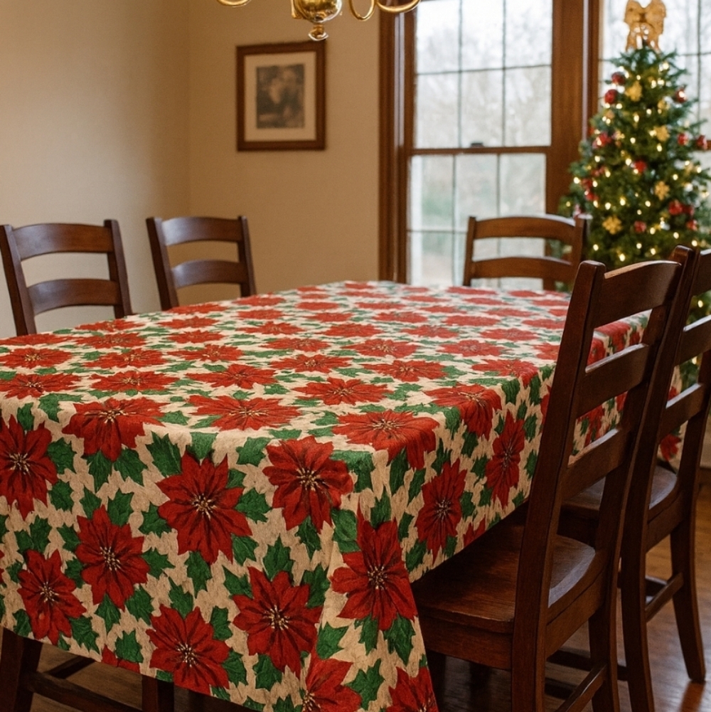 Vintage Holiday Pointsetta Tablecloth 60x80